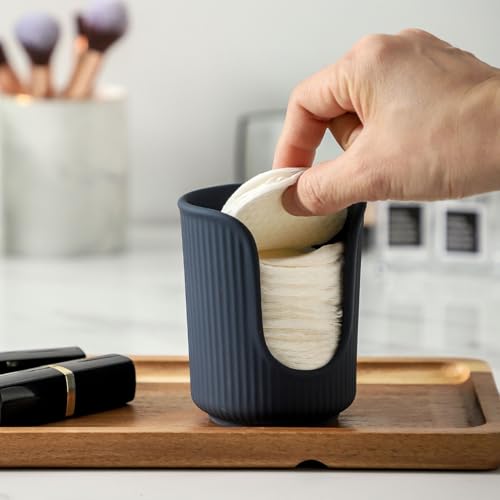 Ceramic Bathroom Cup Dispenser with Stylish Vertical Stripes - Disposable Mouthwash Cup Holder Holds 3-4oz Paper Cups for Rinsing Cups on Bathroom Vanity Countertops (Matte Blue)