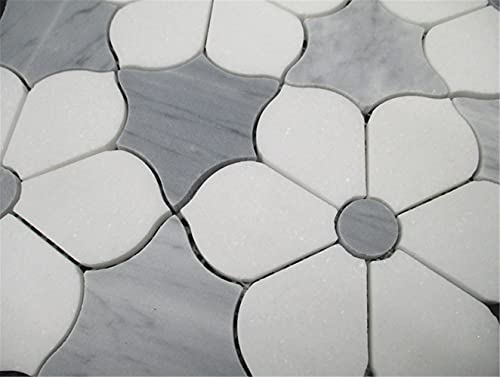 Stone Center Online Thassos White Marble Magnolia Flower Mosaic Tile W/ Bardiglio Gray Honed Kitchen Bath Wall Floor Backsplash Shower (1 Sheet) #TOP6