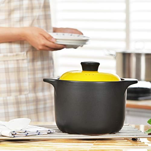 Kitchen Stoneware Cooking Pot Tureen Soup Casserole Dish with Lid, Chinese Soup/Clay/Earthen Pot with Double Handle and Yellow Lid, Ceramic Cookware, Round Black (4 Liter)