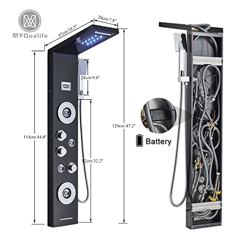 Panel de ducha negro con luz LED, cascada, ducha de lluvia, grifo mezclador y columna de masaje con pantalla de temperatura (9006x Negro cepillado) miniatura 5