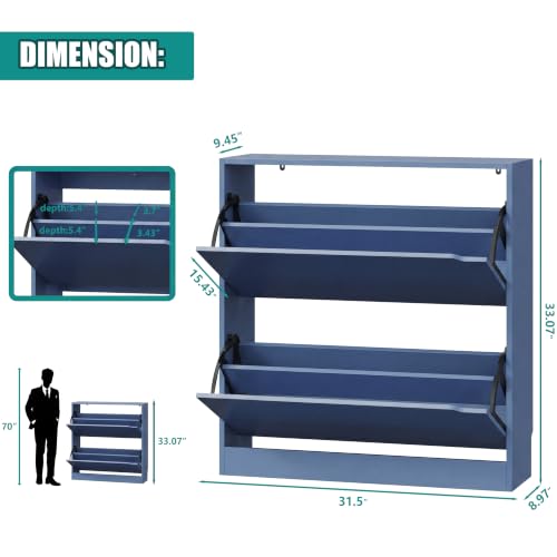 Image of Xixini Shoe Storage Cabinet for Entryway with 2 Flip Drawers, Wood Freestanding Hidden Shoe Storage, Narrow Slim Sturdy Shoe Organizer for Front Door Entrance, Living Room, Hallway, Bedroom, Blue