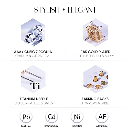 Ymimiwiwi Titanium Stud Earrings Gold For Women/Men, 2 Pairs 6Mm Round & Square Sharp, Allergy-Free Earrings For Sensitive Ears #TOP1
