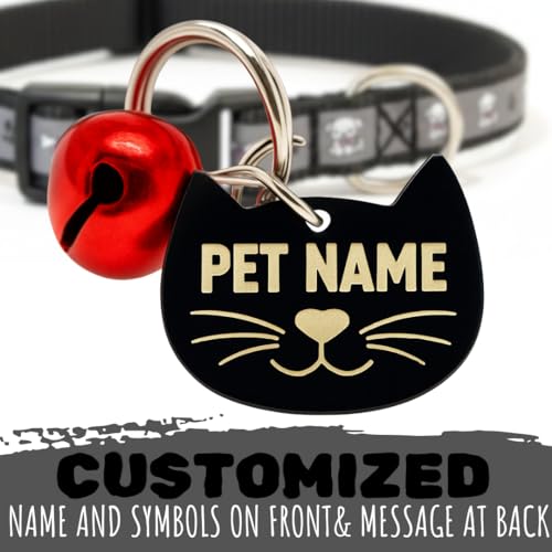 Image of PAWPRO HANDMADE Reflective Cat Collar with Custom ID Tag - Adjustable Breakaway Collar with Bell for Cats & Small Dogs - Personalized Name Tag (Shadow)