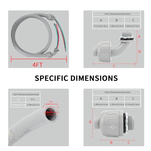 Wells 1/2 Inch 4Ft Flexible Electrical Conduit 10-Gauge Wire with Ground Nonmetallic Liquid Tight Whip Assembly AC Disconnect Box Whip Kit 3-Conductor/Straight/90 Degree Fittings (UL Listed)