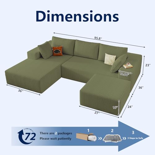 Image of 96 inch Modular Sectional Sofa with Ottoman, Modern Corduroy Cloud Couch with Deep Seat, Boneless Couch Upholstered 3-Seater U-Shaped Sofa for Living Room, No Assembly (Green, Left-Facing Chaise)