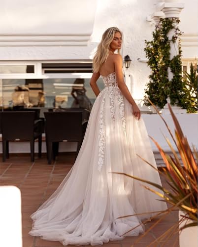 Women's Long Beach Wedding Dresses for Wedding 2025 Lace Applique Tulle Bridal Gowns HC0133