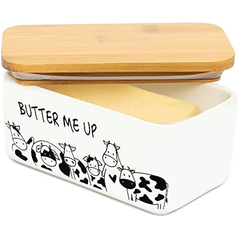 Lumicook ceramic butter dish with lid, Large Butter Dish with Lid for Countertop, Ceramic Butter Dish with lid with knife, Butter Keeper Double Silicone Seals, Perfect for 2 Sticks of Butter White Cover