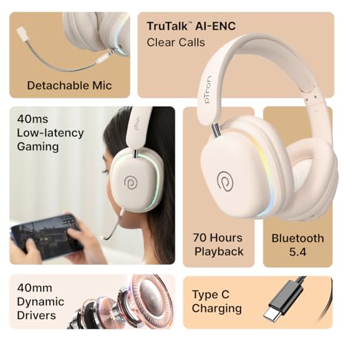 pTron Studio Xtreme Beige Wireless Over Ear Headphones - Image 3