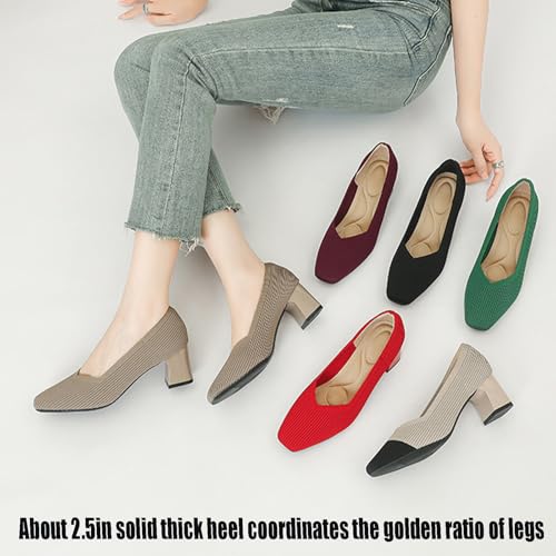 Women's Knit Square Toe Chunky Heel Dress Pump Mesh Breathable Slip On Mid Block Heel Formal Business Office Shoes Daily Non-Slip Soft Casual Shoes4
