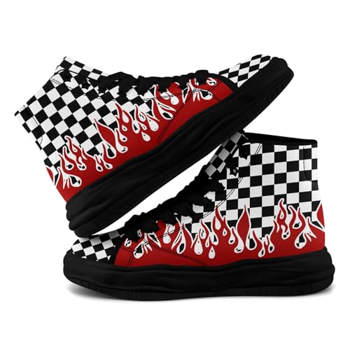 Checkered Flame High-Top Platform Sneakers, Custom Chunky Elevated Canvas Trainers for Streetwear Race Casual Footwear4