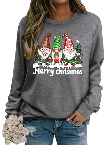 Image of Dresswel Women Merry Christmas Jumpers Funny Gnome Graphic Print Sweatshirt Crew Neck Long Sleeve Dwarfs Xmas Pullover Tops Blouse