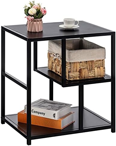 APICIZON Side Table Black, Industrial Coffee End Table, Metal Frame Bedside Table with Storage Compartment, Nightstand for Living room Bedroom and Balcony, Wooden, 56 x 40 x 53 cm