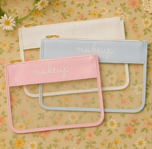 Threadart Personalized Light Pink and Clear Zipper Bag with Embroidery – Custom Name Cosmetic & Makeup Pouch – Waterproof PVC Travel Organizer for Toiletries – 11.5"x8"2