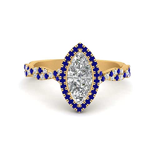 Anillos de compromiso de halo con piedra preciosa talla marquesa y oro amarillo