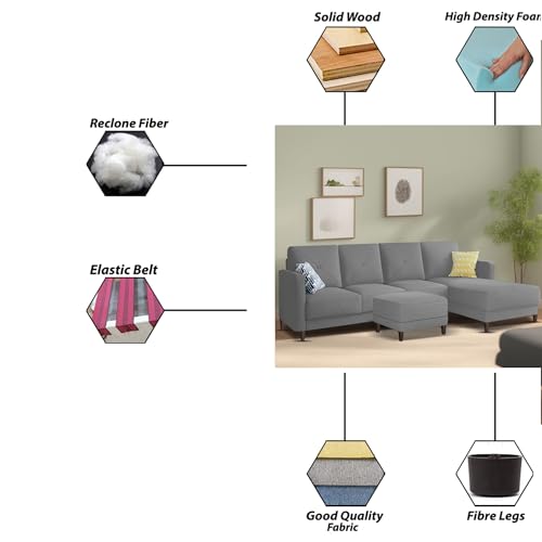 Image of Baloney RHS 6 Seater L Shape Sofa Set with Center Table for Living Room (Grey Fabric) Premium Fabric Sofa