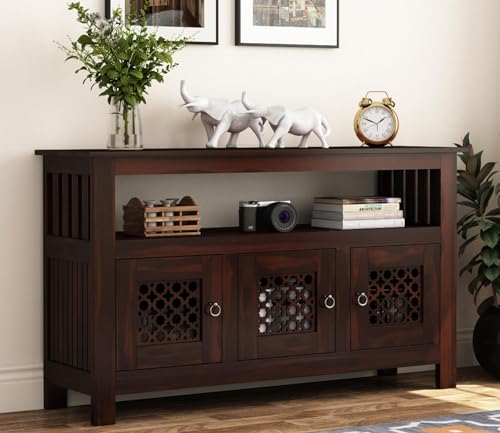 Image of SHIKHA WOOD CRAFT Solid Sheesham Wood Sideboard Cabinet with 3 Door and 1 Open Shelf | Multipurpose Wooden Storage Organizer Furniture for Bedroom, Kitchen, Home, Living Room and Office(Walnut Finish)