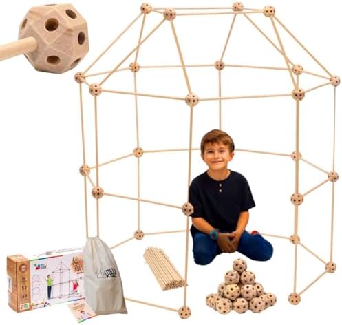 MIND KIDZ Wooden Fort Building Kit for Kids – STEM Montessori Construction Toy – 82 Pieces Fort Builder Play Set with Big Cotton Storage Bag