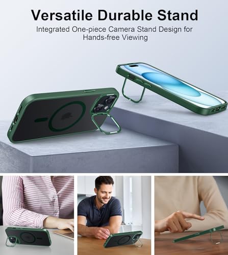 Image of FNTCASE for iPhone 15 Phone Case: Strong Magnetic Slim Matte Protective Case with Kickstand | Shockproof Drop Full Protection Anti-Fingerprint Thin Translucent Frosted Cover(Green)