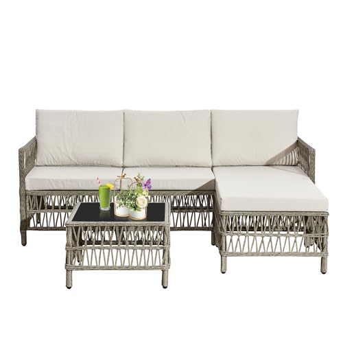 Acorn Living 4 Seater Rattan Garden Furniture Set, Outdoor Rattan Conversation Sectional L-Shaped Sofa with 4 Seater for Backyard, Porch, with Cushions and Coffee Table – Beige