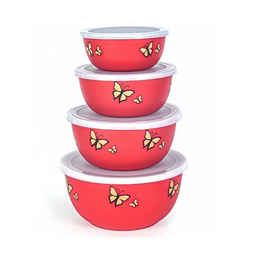 Image of Microwave Safe Stainless Steel Food Storage Container with Lid | Euro Mixing Bowl Set for Kitchen | 500ml, 800ml, 1250ml, 2000ml | Pack of 4 | Leak-Proof (Red Butterfly 4)
