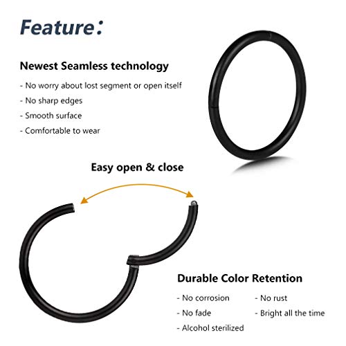 4Pcs 16G 18G 20G Surgical-Steel-Piercing-Ring-Nose-Rings-Hinged-Hoop-Earrings,6mm 8mm 10mm 12mm Seamless Stainless Steel Clicker Eyebrow Septum Piercing Hoop,Sliver Black Gold Rose Gold Rainbow Body Jewelry Set4