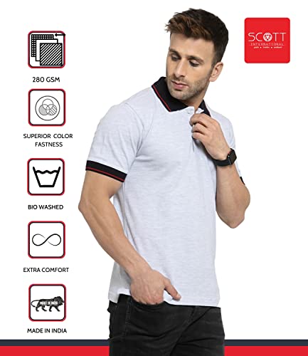 Image of Scott International Men's Regular Fit Half Sleeve Organic Cotton Polo T-Shirt (SS20-SP8-XXXXL White Melange XXXX-Large)