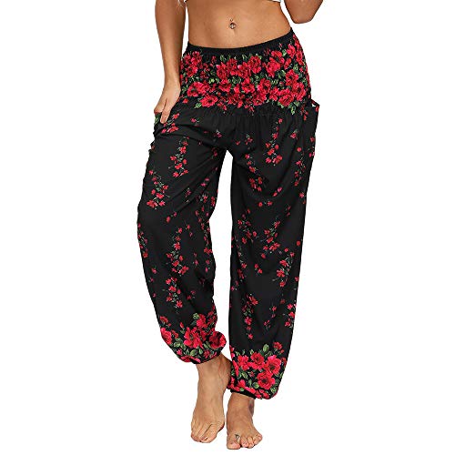 Nuofengkudu Damen Hippie Hosen mit Taschen Haremshosen Yogahosen Leichte Boho Muster High Waist Yoga Hosen Bunt Gemustert Lockere Pumphose Freizeithose Sommer Strand(X-Schwarze Blume,One Size)