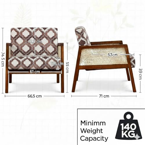 Image of Solid Sheesham Wood Arm Chair with Cushion || Cane Chairs for Balcony || Wooden Chair for Living Room Furniture || Modern Accent Chair for Living Room, Rattan Cane Chairs, Dining Chair Brown Finish