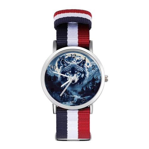 HTSAHKV Majestic Wolf Moonlit Night Watches for Men with Woven Strap Scale Dial, Lightweight Casual Fashion Watch, Durable Adjustable Band for Daily Wear 1.6in