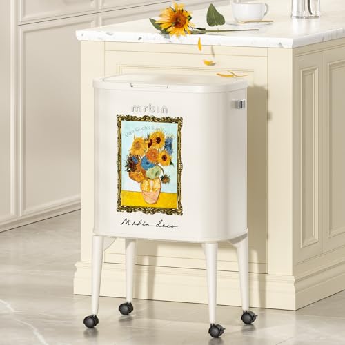 Image of MRBIN Metal Kitchen Trash Can with Wheel Legs, 36L / 9.5gal Medium Press Lid Slim Waste Basket, Pet Proof Tall Narrow Garbage Pail for Vanity, Bedroom, Bathroom, Living Room, Sunflower