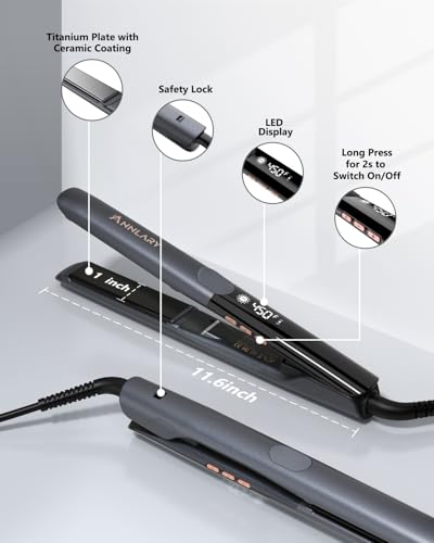 Image of Annlary Hair Straightener 1 Inch Flat Iron and Curler 2 in 1 Titanium Ceramic Ionic Dual Voltage Straightener with Heat-Resistant Silicone, for Less Frizz, Shinier & Smoother