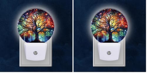 Image of Round LED Night Lights Lamp with Dusk to Dawn Sensor, Vibrant Tree of Life with Branches Night Light Plug Into Wall for Kids Room, Bedroom, Bathroom, Kitchen, Hallway (Pack of 2)