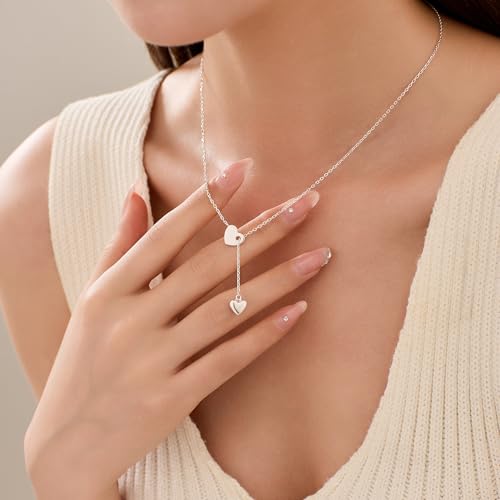 SUYACS 925 Sterling Silver Lariat Big Love Heart Necklaces for Women 14k Gold Plated Double Heart Y Shaped Choker Necklace Trendy Adjustable Drop Love Long Chain Necklace Jewelry Gifts for Mom2