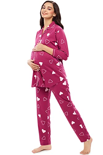 Image of ZEYO Women's Cotton Heart Printed Maternity & Feeding Night Suit Set Of Top & Pajama Set Nursing Night Dress 5634