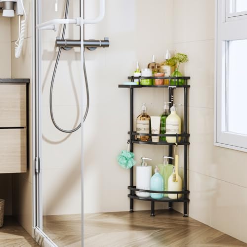 Image of HapiRm Standing Corner Shower Caddy - 3 Tier Shower Organizer Corner with Soap Holder and 4 Hooks, Rustproof Bathroom Storage Shelves with Adhesives, Black