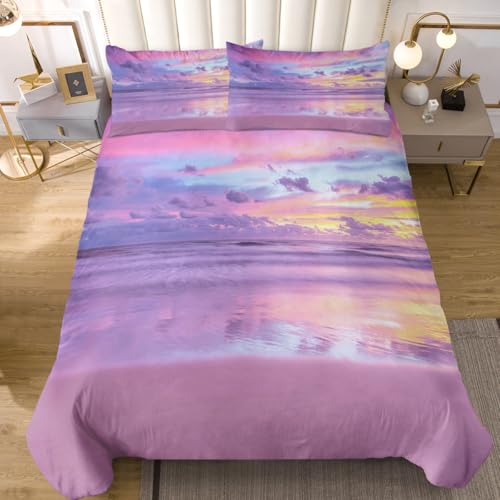 Sleepwish Duvets Covers 3D Girly Print Bedding Sets Beach Sunrise Pattern Queen Soft Luxury 3 Pieces Bed Duvet Cover with 2 Pillow Cases Purple and Blue
