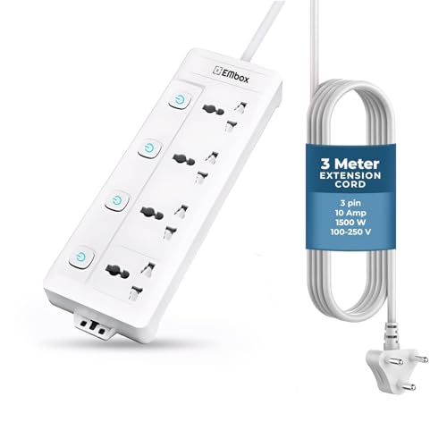EMBOX Extension Board with Switches 1500 W, 4 Universal Sockets, Individual Switch, Safety Shutter, 6 amp Spike Guard, LED Indicator and Safety Shutter (4 Socket + 4 Switch - 3 Meter, 3 Meter)
