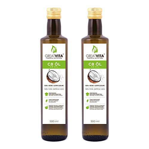Aceite MeaVita C8, a base de aceite de coco, aceite MCT, ácido caprílico, paquete de 2 (2x 500ml) botellas de vidrio