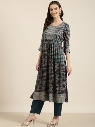 Image of SHOWOFFFF Women Printed Three-Piece A-Line Ethnic Kurta Set | Round Neck 3 /4th Sleeves Satin Kurta Set's for Womens | Mid-Rise Lime Regular Fit Calf Length Kurta Set for Women's