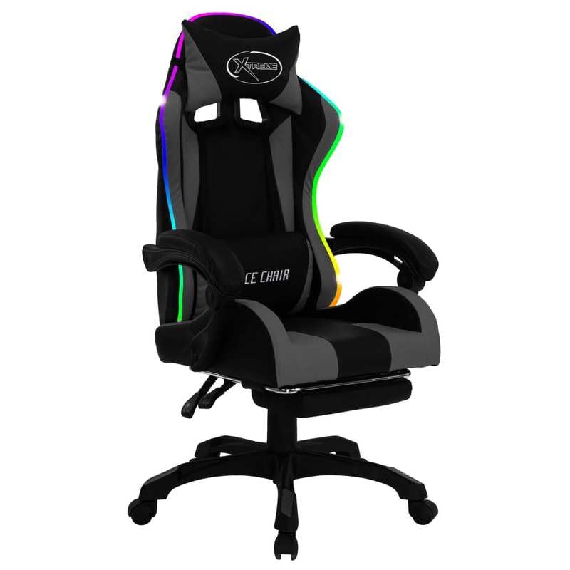 Eleganz Chaise de jeu, avec lumières RVB, en cuir synthétique, gris et noir, ergonomique, pour gamers et bureau à domicile, durable et confortable