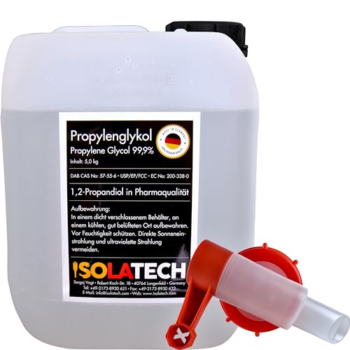 ISOLATECH Propylène Glycol 5L 99,9% Qualité Pharmaceutique | Pour Alimentation & Cosmétique | Incolore, Inodore | 1,2 Propanediol en Bidon | Avec Robinet de Soutirage...