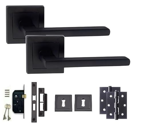 Golden Grace Leon Straight Door Handle Set - Black - Square Rose - Includes Lock and Key Hole