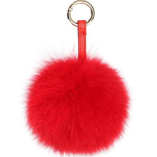 Pom Pom Keychain Fluffy Real Fox Fur Ball Keychain for Women Bag Purse car key Charms Red 5.1inch