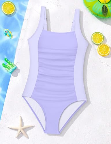 Image of Girl Swimsuit One Piece Bathing Suit for Girls Solid Color Ruched Adjustable Straps Padded Swimwear 9-18y