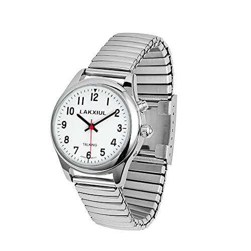 LAKXIUL English Talking Watch can Play time, Date, Month, can Set Three Alarms,Silver case with Silver Adjustable Length Stainless Steel Expansion Belt