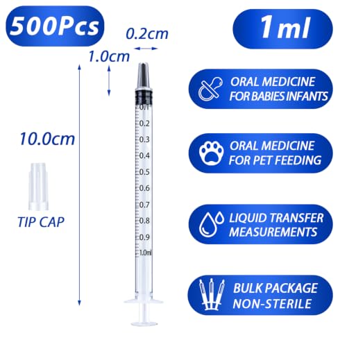 Image of 500 Pack 1ml Syringe with Cap for Liquid, 1cc Plastic Small Syringes without Needle with Cover, Non-Sterile, No Needle