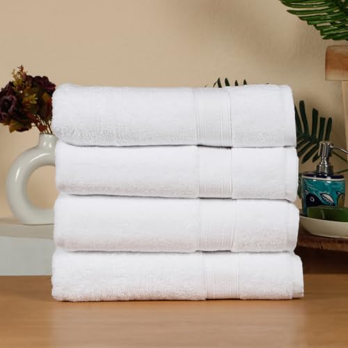 Image of Arvind 100% Cotton Towels for Bath | Towels for Bath Large Size | 500 GSM Bath Towel - Soft & Absorbent | 4 Piece Bath Towel for Men /Women | Urban Comfort | 70 cm x 140 cm - White