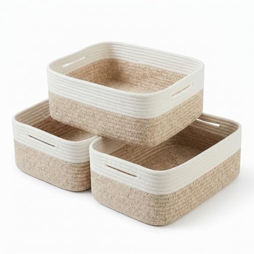 Britwicfr Storage Baskets for Organizing 3 Pack, Woven Baskets for Storage 15"x11"x5.1", Large Shallow Basket Shelf Basket Closet Basket Empty Gift Baskets Woven Storage Bins, White & Mixed Brown by Britwicfr - Used condition - US$29.44
