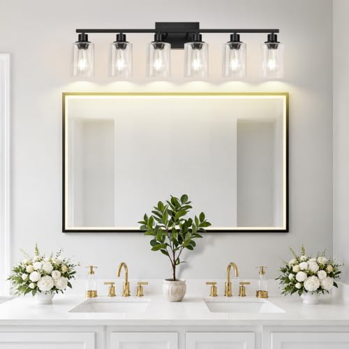Image of MOKATNG 6-Light Bathroom Light Fixtures, Vanity Light with Clear Glass Shades, Matte Black Bathroom Light Fixtures Over Mirror, Modern Bathroom Wall Lamp for Mirror Living Room Cabinet Bedroom