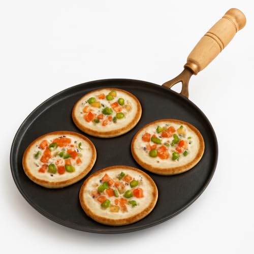 Image of Iron Uttapam Pan 23 cm with Wooden Handle, 4 Cavity